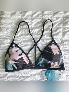 Black Triangle Bikini Top with Tropical Floral Pattern